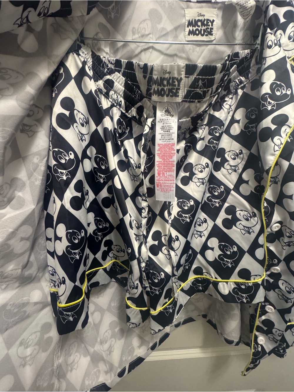 Disney Black and White Mickey Mouse Print Satin Pajama Top with Yellow Trim - Picture 4 of 6